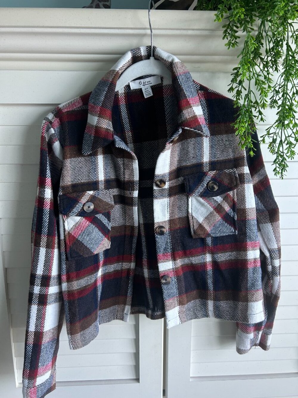 C by One Tan, Navy, Red Plaid Print Cropped Jacket Top